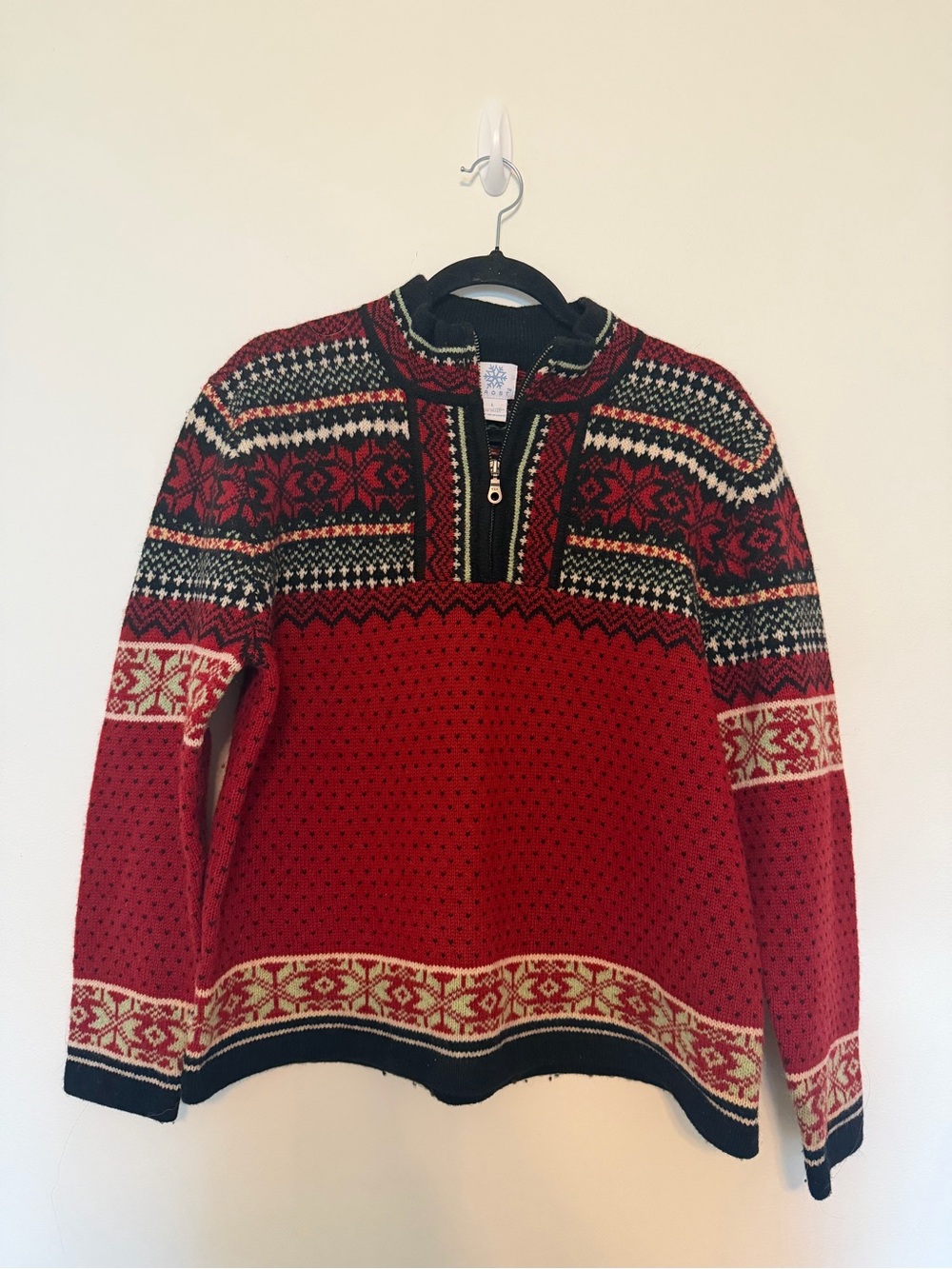 Frost Red Nordic Half-Zip Cowl Sweater with Cream & Black Accents Size L